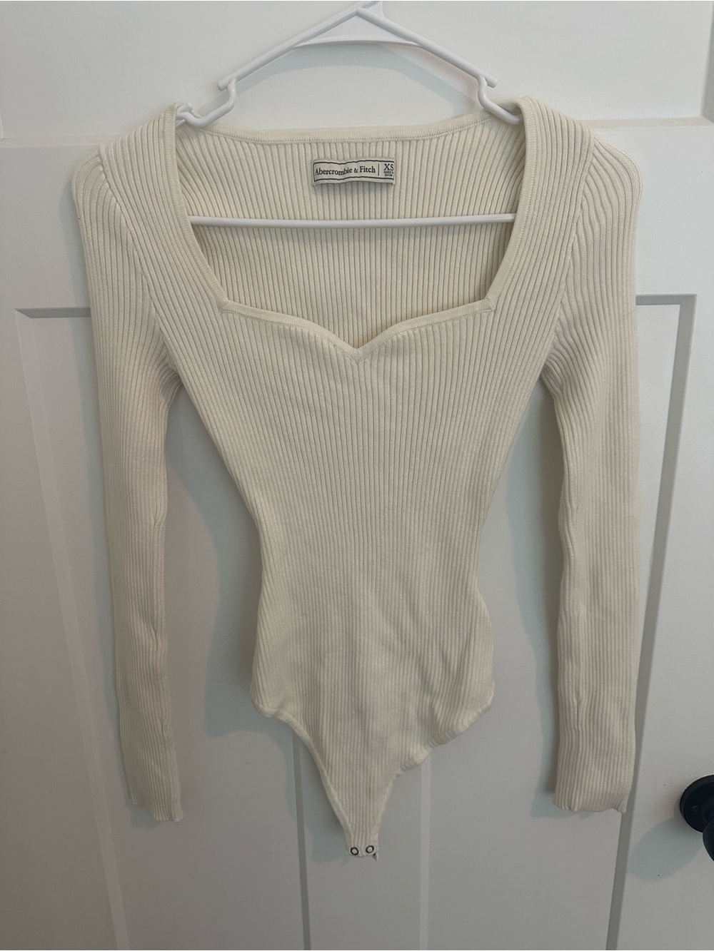 Abercrombie & Fitch Cream Ribbed Square-Neck Long Sleeve Bodysuit